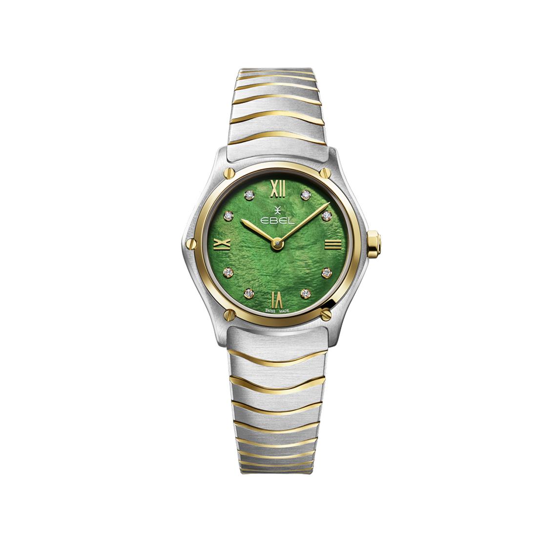 EBEL Sport Classic Lady, Staal met 18 Karaats geelgouden kast en band met groen parelmoer wijzerplaat met romeinse index en 8 diamanten (0.052ct).